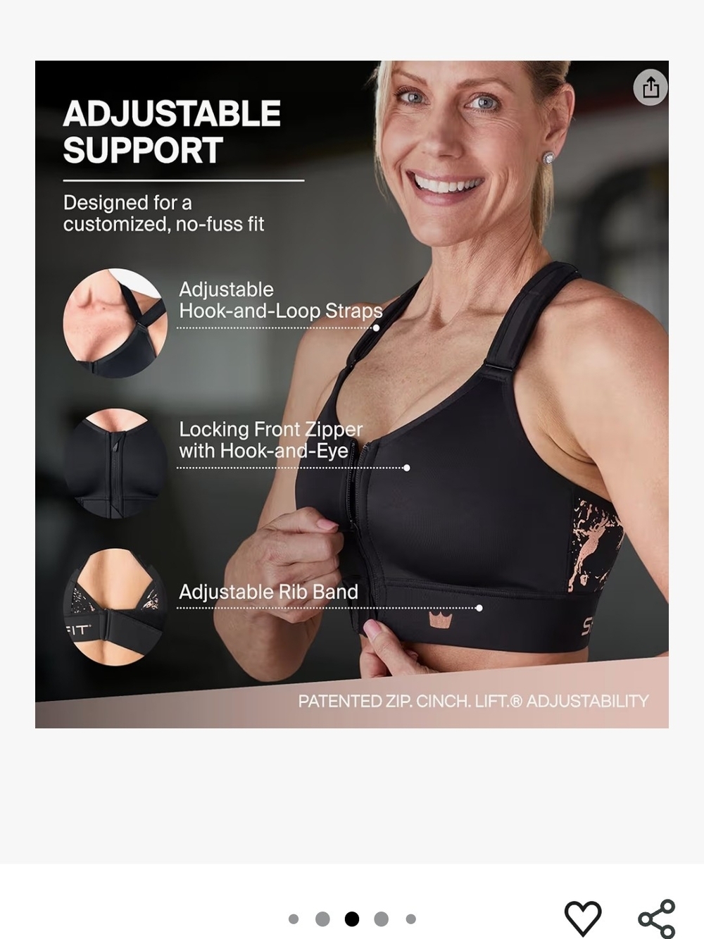 SHEFIT Flex 2 Luxe (2XL) Black Front-Zip Adjustable Straps/Waist Sports Bra - Picture 9 of 10
